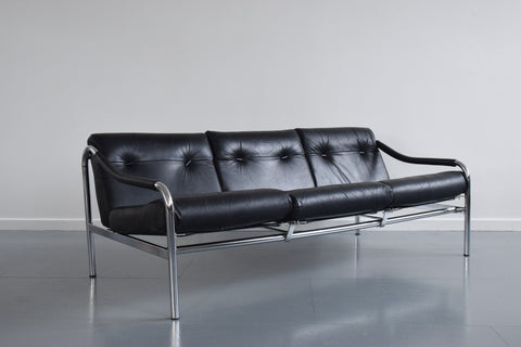 Vintage Pieff Kadia Black Leather and Chrome Three Seater Sofa by Tim Bates
