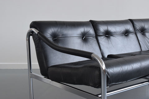 Vintage Pieff Kadia Black Leather and Chrome Three Seater Sofa by Tim Bates
