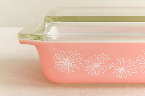 Vintage Pyrex Pink and White Daisy Shallow Serving Dish with Lid