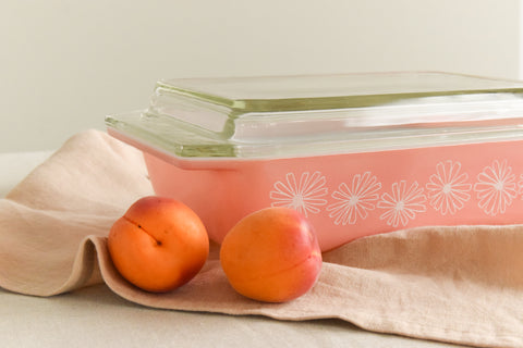 Vintage Pyrex Pink and White Daisy Shallow Serving Dish with Lid