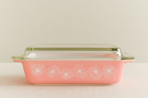 Vintage Pyrex Pink and White Daisy Shallow Serving Dish with Lid