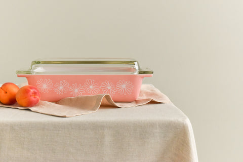 Vintage Pyrex Pink and White Daisy Shallow Serving Dish with Lid