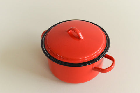 Vintage Red Enamel Cooking / Stewing Pot with Lid