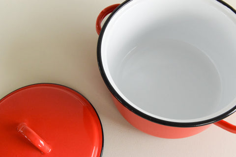 Vintage Red Enamel Cooking / Stewing Pot with Lid