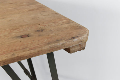 Vintage Rustic Wooden Folding Trestle Table with Metal Legs
