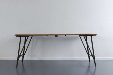 Vintage Rustic Wooden Folding Trestle Table with Metal Legs
