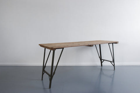 Vintage Rustic Wooden Folding Trestle Table with Metal Legs