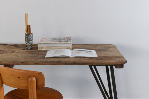 Vintage Rustic Wooden Folding Trestle Table with Metal Legs