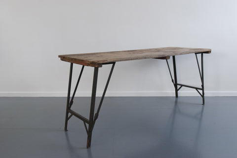 Vintage Rustic Wooden Folding Trestle Table with Metal Legs