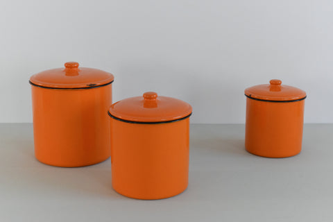 Vintage Set of 3 Orange Japanese Enamel Storage Jars / Canisters / Containers