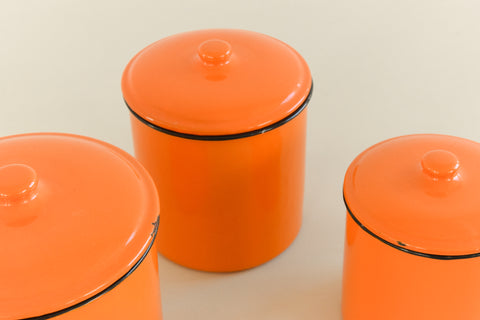 Vintage Set of 3 Orange Japanese Enamel Storage Jars / Canisters / Containers