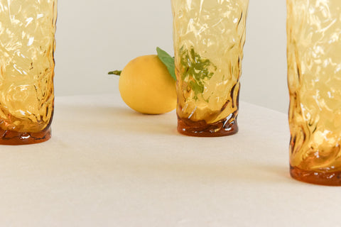 Vintage Set of 4 Amber Crinkle Glass Lido / Milano Tumblers by Anchor Hocking