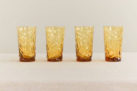 Vintage Set of 4 Amber Crinkle Glass Lido / Milano Tumblers by Anchor Hocking