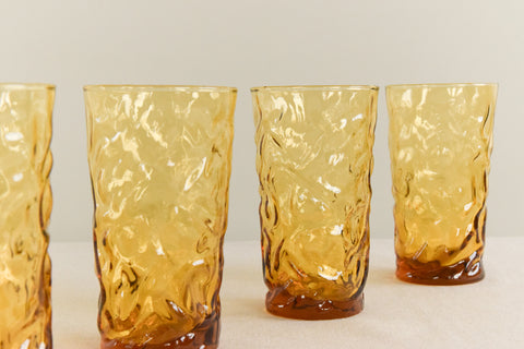 Vintage Set of 4 Amber Crinkle Glass Lido / Milano Tumblers by Anchor Hocking