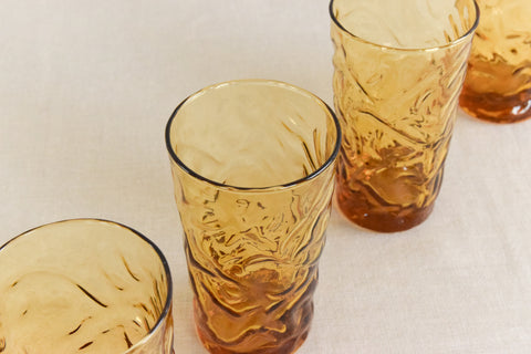 Vintage Set of 4 Amber Crinkle Glass Lido / Milano Tumblers by Anchor Hocking
