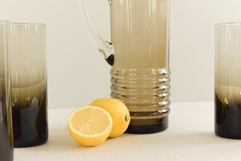 Vintage Set of 4 Smoke Glass Tumblers and Jug Set