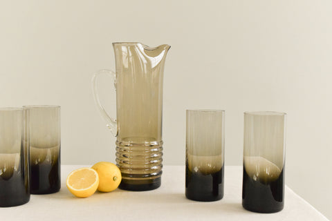 Vintage Set of 4 Smoke Glass Tumblers and Jug Set
