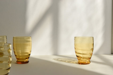 Vintage Set of 6 Ribbed Amber Glass Tumblers and Jug Set