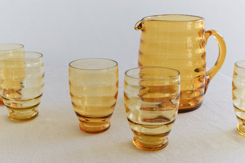 Vintage Set of 6 Ribbed Amber Glass Tumblers and Jug Set
