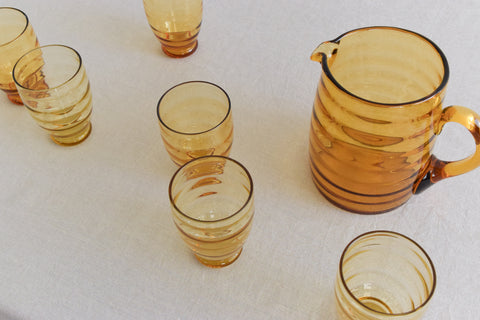 Vintage Set of 6 Ribbed Amber Glass Tumblers and Jug Set