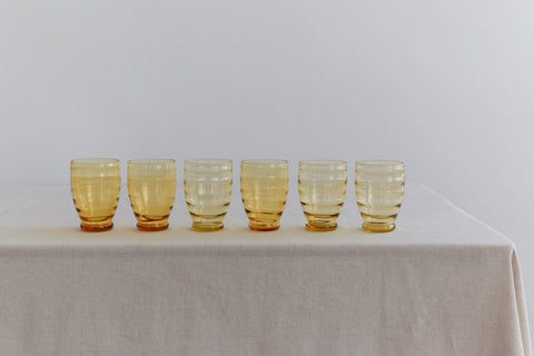 Vintage Set of 6 Ribbed Amber Glass Tumblers and Jug Set