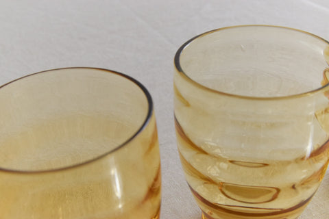 Vintage Set of 6 Ribbed Amber Glass Tumblers and Jug Set