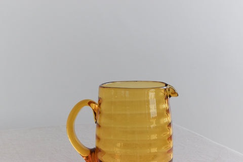 Vintage Set of 6 Ribbed Amber Glass Tumblers and Jug Set