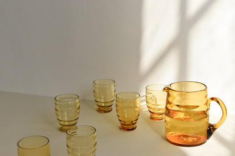 Vintage Set of 6 Ribbed Amber Glass Tumblers and Jug Set