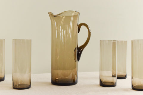 Vintage Set of 6 Smoke Glass High Ball Glasses and Jug Set