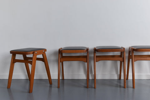 Vintage Set of Four 1960s Wooden Stackable Stools in Black Vinyl