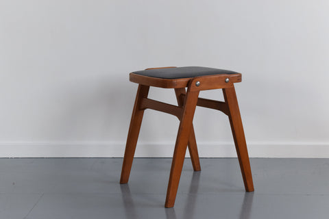 Vintage Set of Four 1960s Wooden Stackable Stools in Black Vinyl