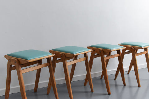 Vintage Set of Four 1960s Wooden Stackable Stools in Turquoise Vinyl