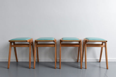 Vintage Set of Four 1960s Wooden Stackable Stools in Turquoise Vinyl