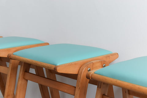 Vintage Set of Four 1960s Wooden Stackable Stools in Turquoise Vinyl