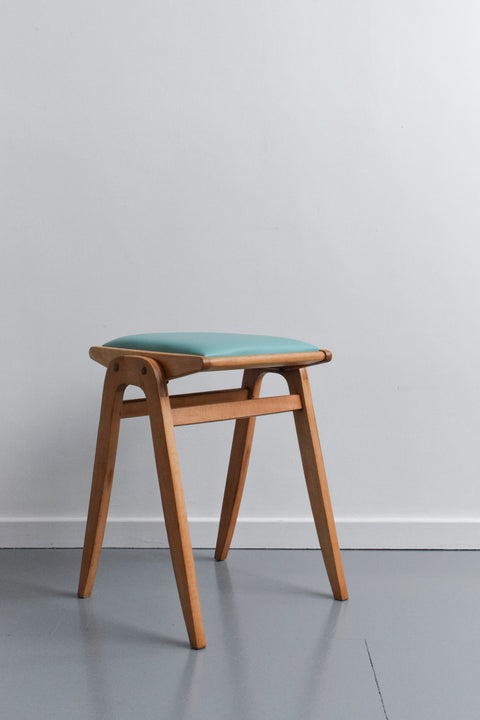 Vintage Set of Four 1960s Wooden Stackable Stools in Turquoise Vinyl