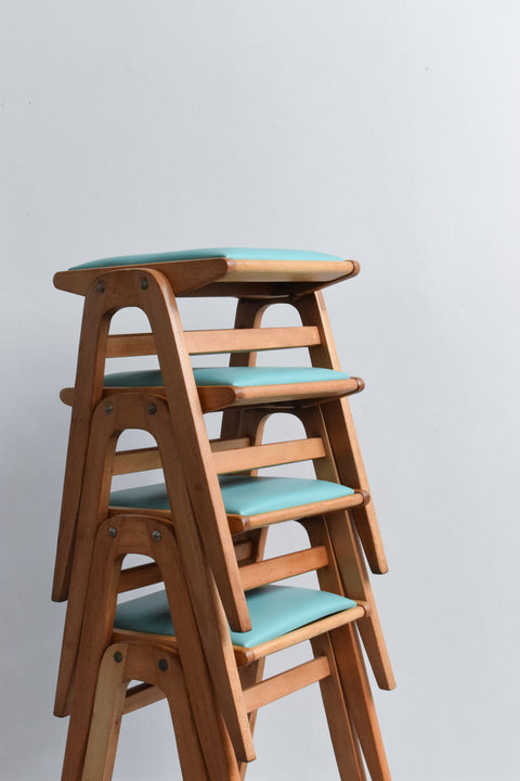 Vintage Set of Four 1960s Wooden Stackable Stools in Turquoise Vinyl