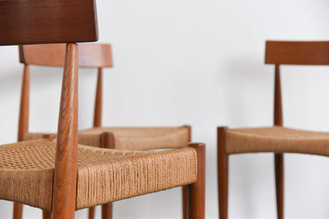 Vintage Set of Four Danish Teak Paper Cord Dining Chairs by Arne Hovmand Olsen for Mogens Kold Mobelfabrik