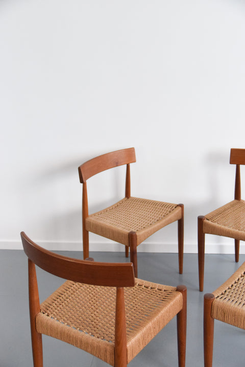 Vintage Set of Four Danish Teak Paper Cord Dining Chairs by Arne Hovmand Olsen for Mogens Kold Mobelfabrik