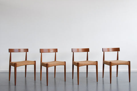 Vintage Set of Four Danish Teak Paper Cord Dining Chairs by Arne Hovmand Olsen for Mogens Kold Mobelfabrik