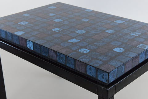 Vintage Small Blue Patterned Formica Coffee / End Table / Plant Stand