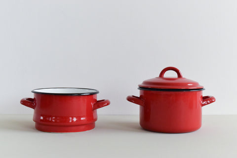 Vintage Small Double Red Enamel Steamer Pan with Lid