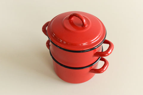 Vintage Small Double Red Enamel Steamer Pan with Lid