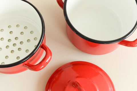 Vintage Small Double Red Enamel Steamer Pan with Lid