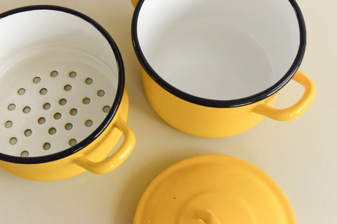 Vintage Small Double Yellow Enamel Steamer Pan with Lid