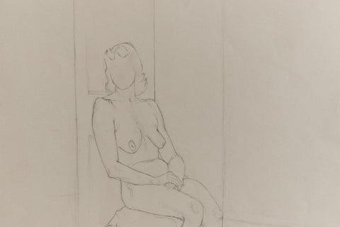 Vintage Small Original Seated Nude Female Pencil Drawing by Artist Robert Arthur Bramwell