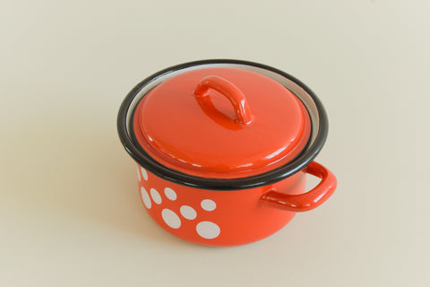 Vintage Small Red Polka Dot Enamel Stewing Pot / Pan with Lid