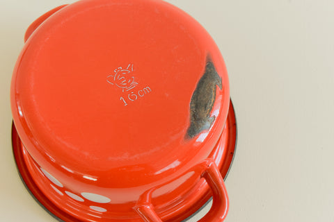 Vintage Small Red Polka Dot Enamel Stewing Pot / Pan with Lid
