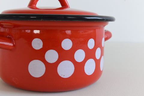 Vintage Small Red Polka Dot Enamel Stewing Pot / Pan with Lid