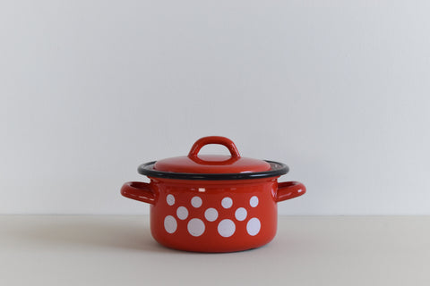 Vintage Small Red Polka Dot Enamel Stewing Pot / Pan with Lid