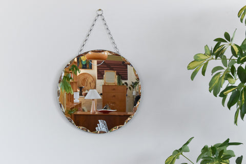 Vintage Small Round Frameless Bevelled Wall Mirror